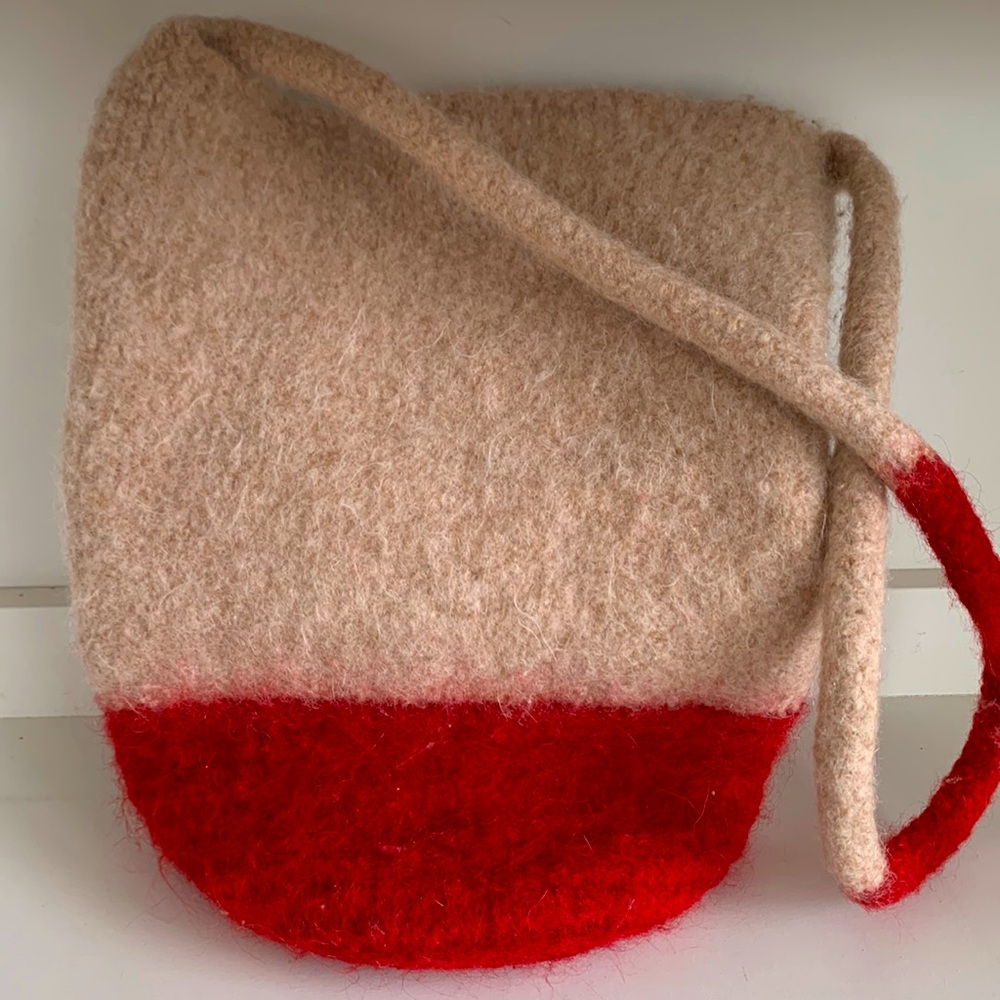Red and beige hand felted purse with snap closure
